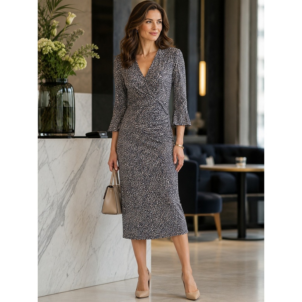 Olsen Europe NWT Animal Print Faux Wrap Midi Dress XS Ruched 3/4 Sleeve V Neck
